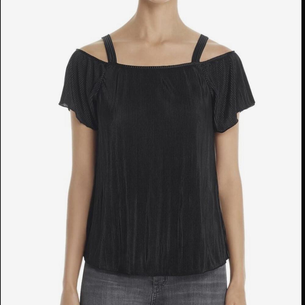 Design History Women’s Size Small Onyx Black Ribbed Pleated Cold Shoulder Top - Picture 12 of 12